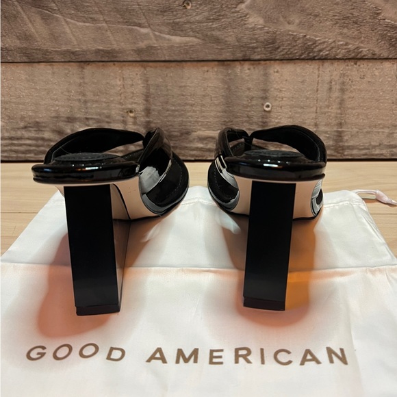 GOOD AMERICAN CINDER F*UCKING RELLA CLEAR WEDGE SANDAL BLACK PATENT LEATHER NWOB - Picture 13 of 15